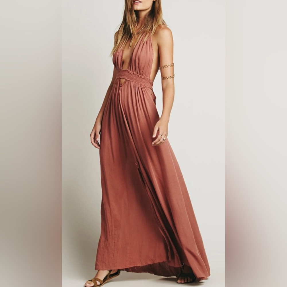 NWOT: Free People: Look into the Sun Backless halter Maxi-dress